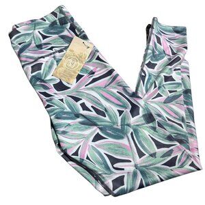 Sage Collective Leggings | Green Pink Leaf Print | Yoga / Workout Pants | Size S